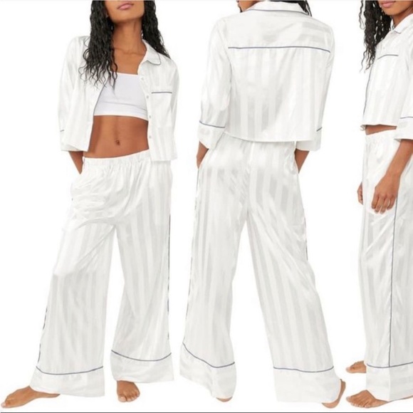 Free People Other - Free People Satin Cropped Pajama Top & Relaxed Pajama Pants Ivory / Blue piping